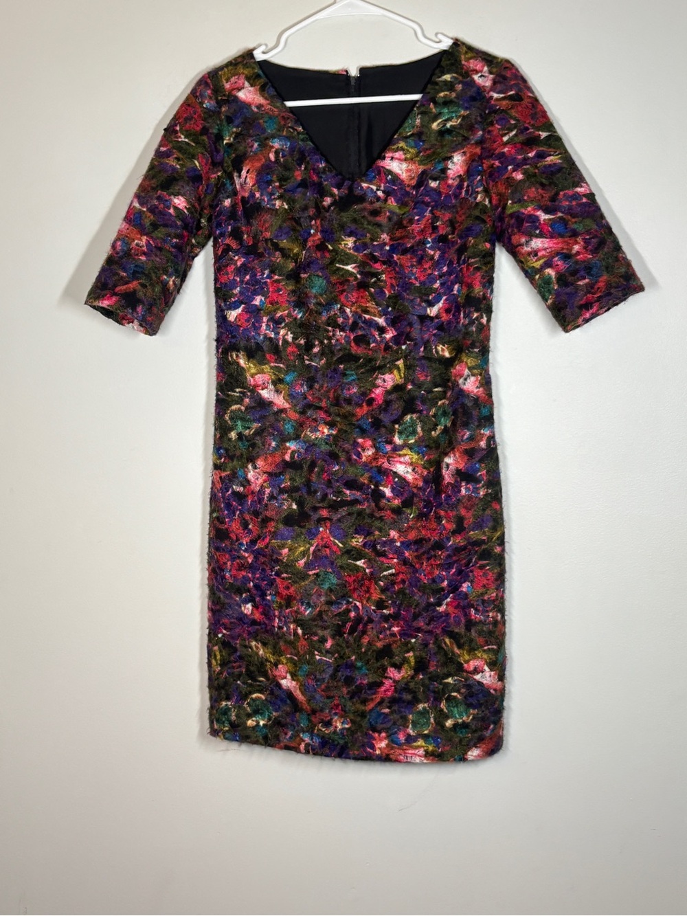 Handmade Multicolor Textured V-Neck Midi Dress with Elbow Sleeves